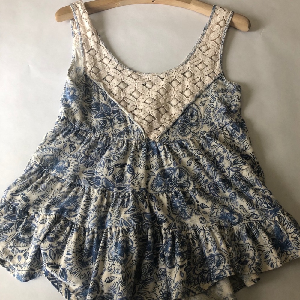 Free People Blue & White Lace Ruffle Tank Top